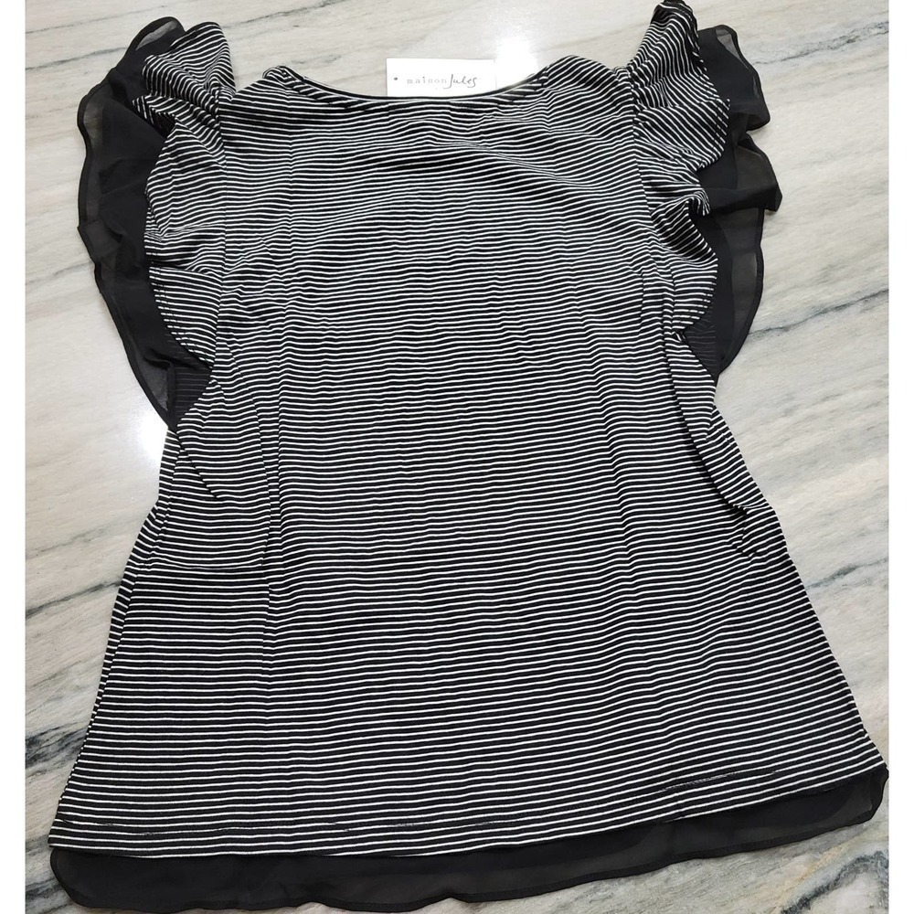 Maison Jules Black White Stripe Ruffle Sleeve Top Extra Small - Picture 5 of 9